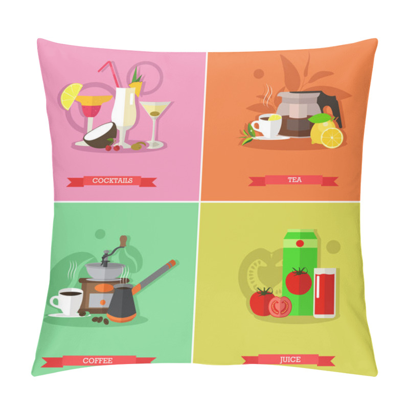 Personality  Vector Set Of Popular Drinks, Flat Design Pillow Covers