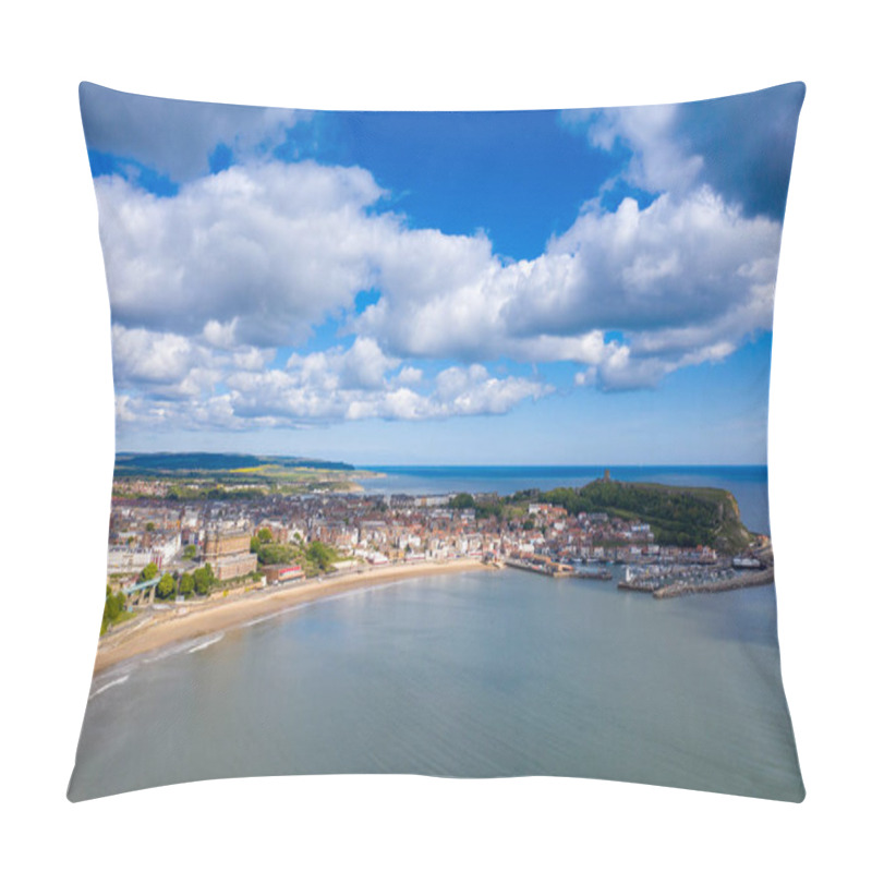 Personality  Aerial Photo Of The Town Centre Of Scarborough In East Yorkshire In The UK Showing The Coastal Beach And Harbour With Boats And The Scarborough Castle On A Bright Sunny Summers Day Pillow Covers