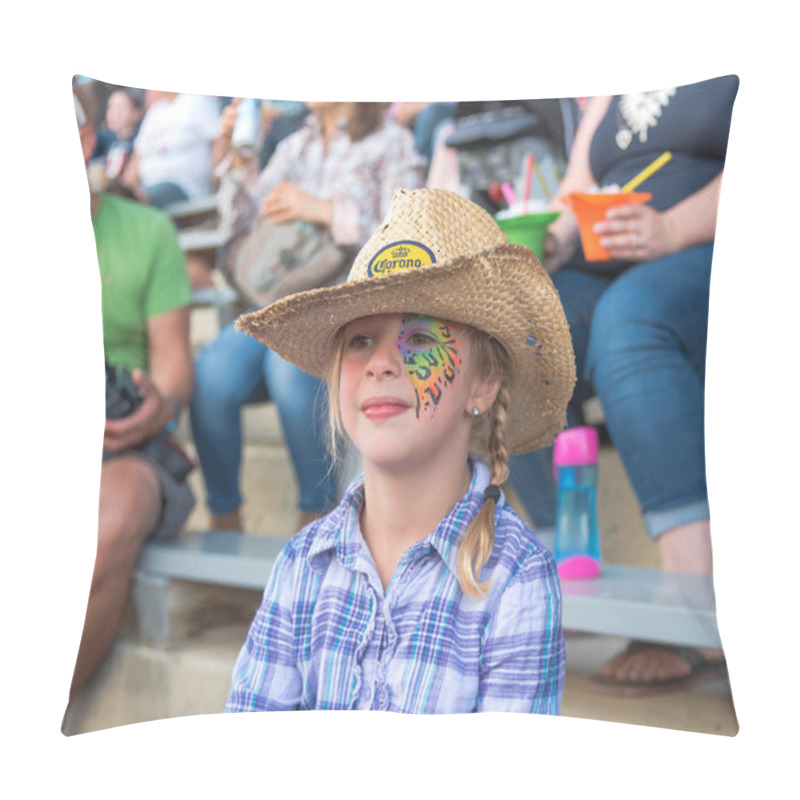 Personality  Williams Lake, British Columbia/Canada - July 1, 2016: Young Girl In Face Paint And Cowboy Hat Watches The 90th Williams Lake Stampede, One Of The Largest Stampedes In North America Pillow Covers