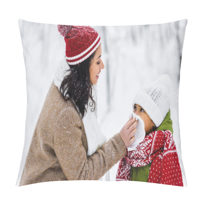 Personality  Beautiful African American Woman Wiping With Napkin Nose Of Preteen Daughter In Winter Park  Pillow Covers