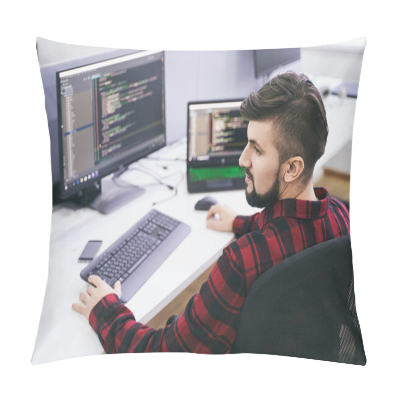 Personality  Software Developer Working On Computer In IT Office, Sitting At Desk And Coding, Working On A Project In Software Development Company Or Technology Startup. High Quality Image. Pillow Covers