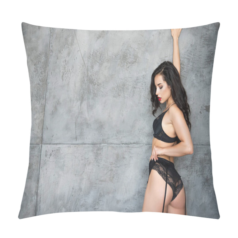 Personality  Sexy Girl In Black Underwear Holding Panties While Leaning On Grey Wall Pillow Covers