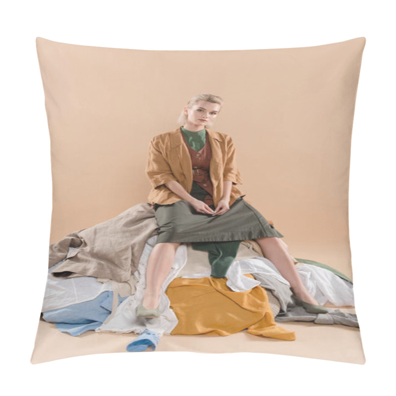 Personality  Blonde Woman Sitting On Pile Of Clothing On Beige Background, Environmental Saving Concept Pillow Covers