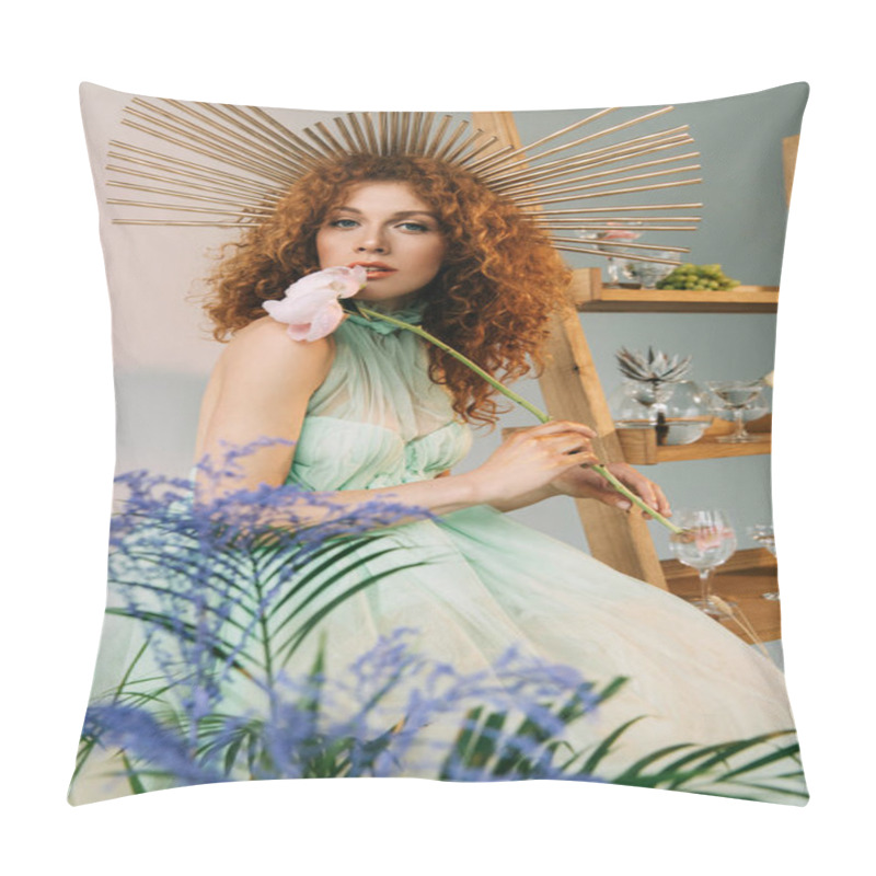 Personality  Stylish Redhead Girl With Accessory On Head Holding Flower And Posing Near Ladder Pillow Covers