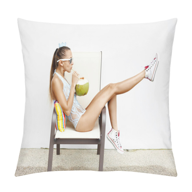 Personality  Fashion Young Woman  Drinking Coconut Water And Sitting On Chair Pillow Covers