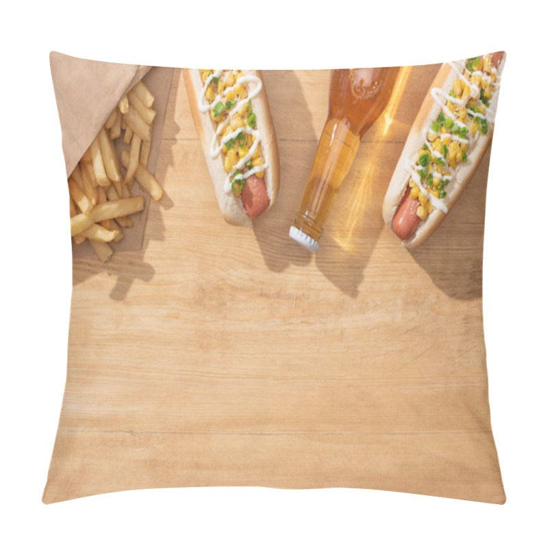 Personality  Top View Of Delicious Hot Dogs With Corn, Green Onion And Mayonnaise Near French Fries And Beer On Wooden Table Pillow Covers