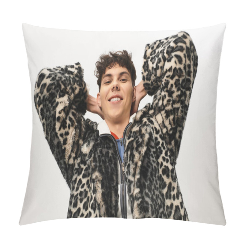 Personality  Handsome Man Showcases Stylish Flair In A Chic Leopard Print Jacket While Posing Playfully. Pillow Covers