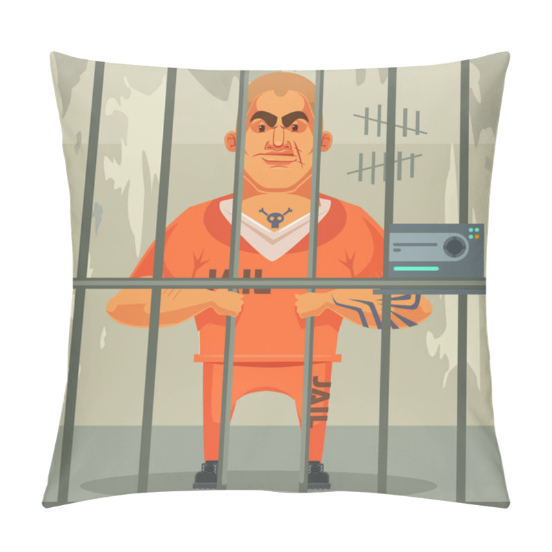 Personality  Prisoner Man Character In Jail. Vector Flat Cartoon Illustration Pillow Covers