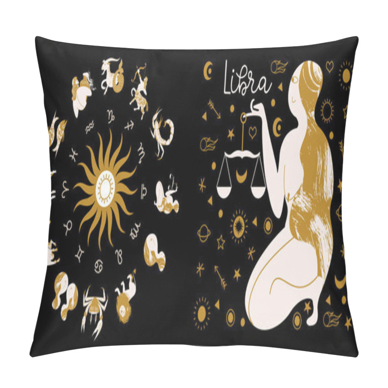 Personality  Libra Zodiac Sign. Full Horoscope In The Circle. Horoscope Wheel Zodiac With Twelve Signs Vector. Aries; Taurus; Gemini; Cancer; Leo; Virgo; Libra; Scorpio; Sagittarius; Capricorn; Aquarius, Pisces Pillow Covers