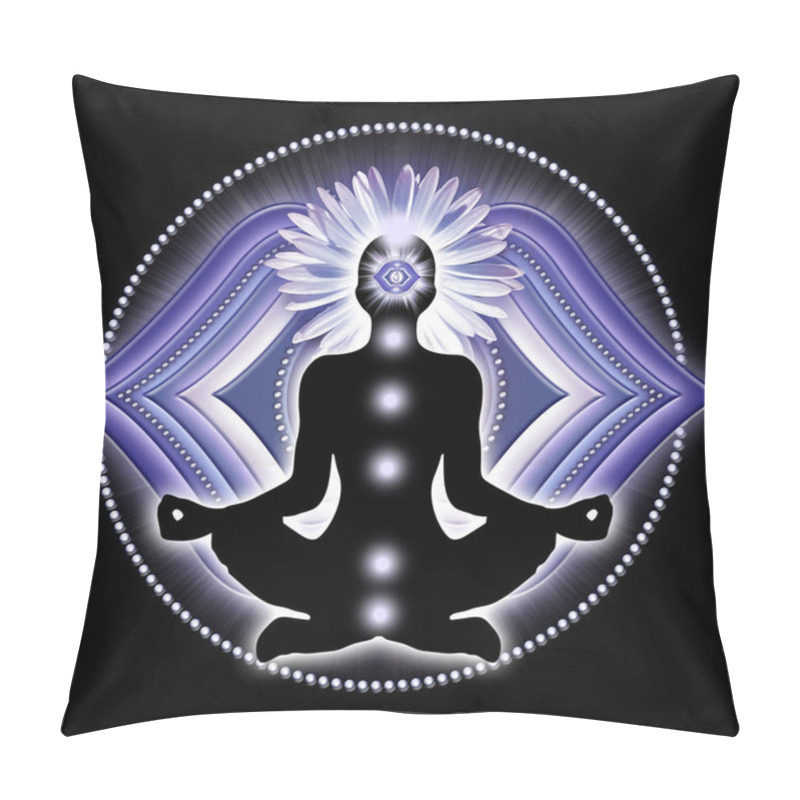 Personality  Third Eye Meditation In Yoga Lotus Pose, In Front Of Ajna Chakra Symbol. Peaceful Decor For Meditation And Chakra Energy Healing. Pillow Covers