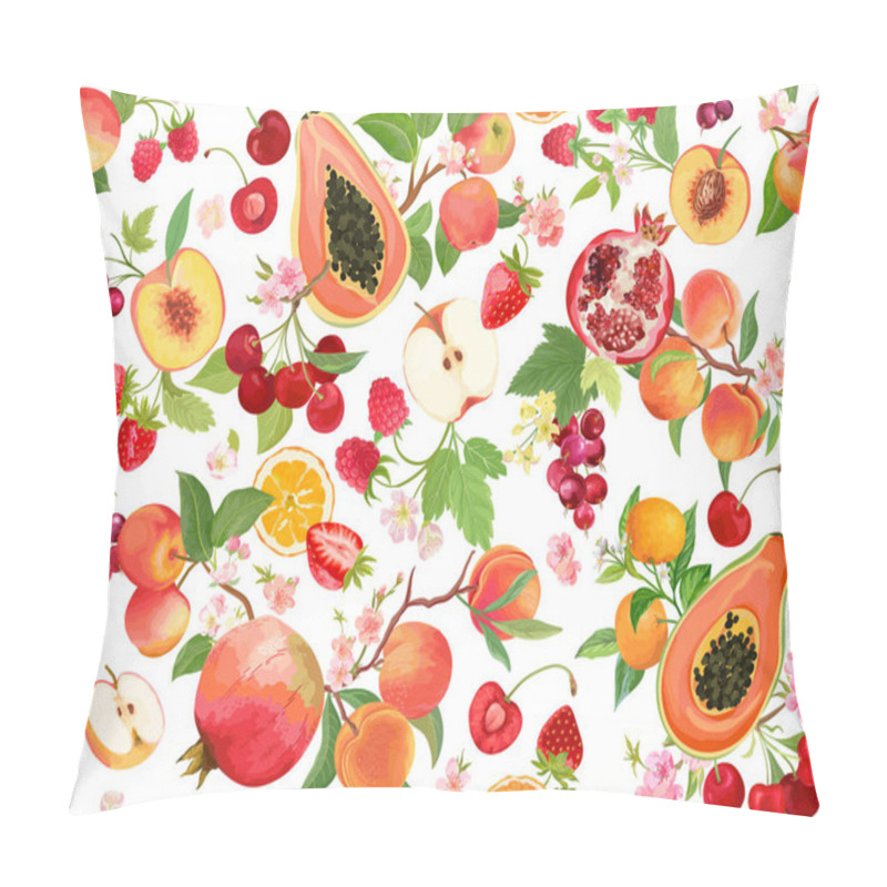 Personality  Seamless Peach, Strawberry, Black Currant, Cherry, Apple, Mandarin, Orange Pattern With Summer Fruits Background Pillow Covers