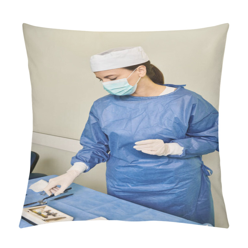 Personality  A Woman At The Doctors Office Wearing A Surgical Mask And Gloves For Laser Vision Correction. Pillow Covers