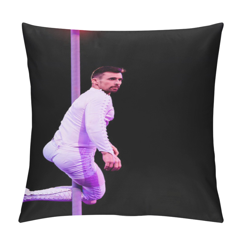 Personality  Back Light Near Handsome Acrobat Looking Away While Performing On Black  Pillow Covers