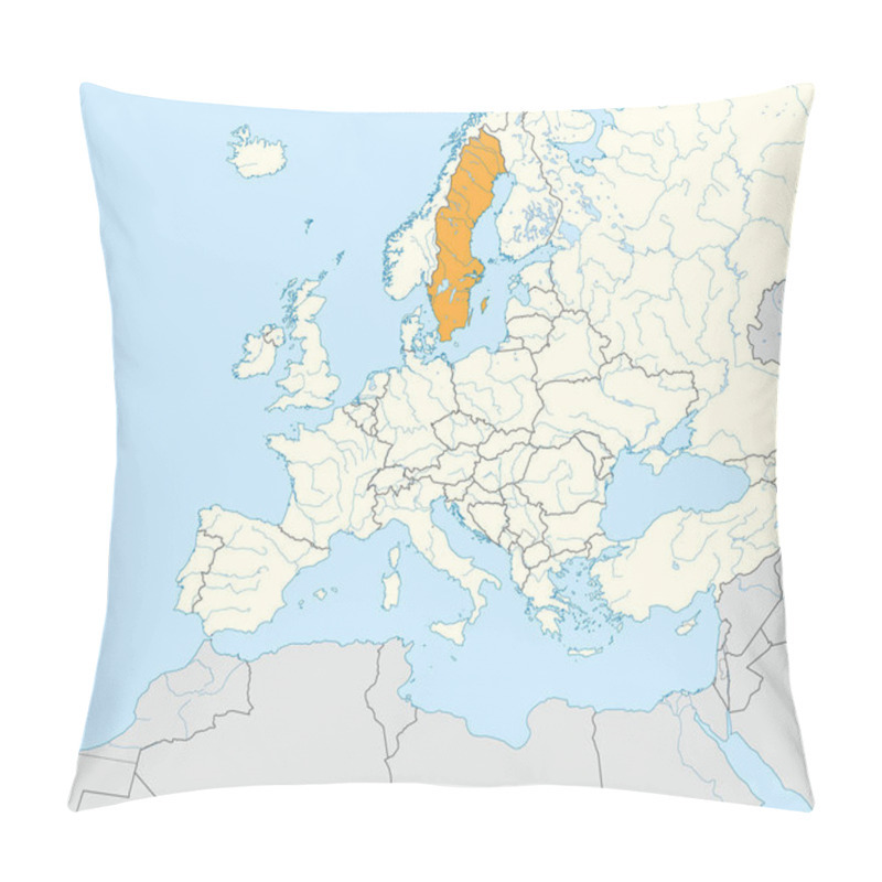 Personality  Orange CMYK National Map Of SWEDEN Inside Detailed Beige Blank Political Map Of European Continent With Rivers And Lakes On Blue Background Using Mercator Projection Pillow Covers