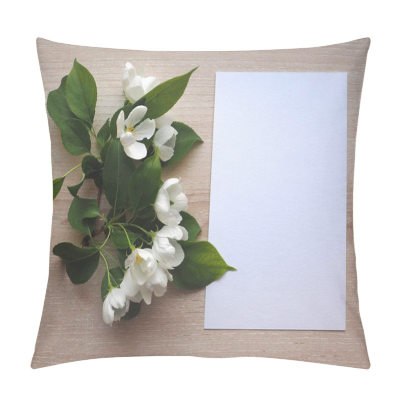 Personality  Styled Stock Photo Stationery Mock Up With Greeting Card And Spring Apple Flowers. Empty Space. Vertical Top View. Pillow Covers