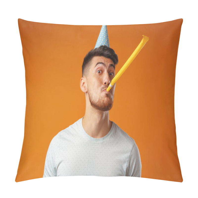 Personality  Happy Man With Party Cone Blowing Into Party Horn Pillow Covers