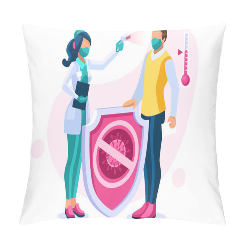 Personality  Symbolic Alert, Infection Risk Symbol. Coronavirus Virus Infected Person With Fever, Coronaviruses Signs And Symptoms. Global Health Caution To Viruses Pandemic Outbreak. Medical Concept. Vector Pillow Covers