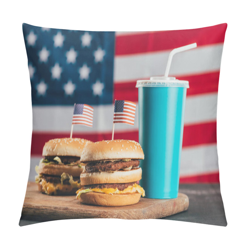 Personality  Close Up View Of Burgers With American Flags And Soda Drink, Presidents Day Celebration Concept Pillow Covers