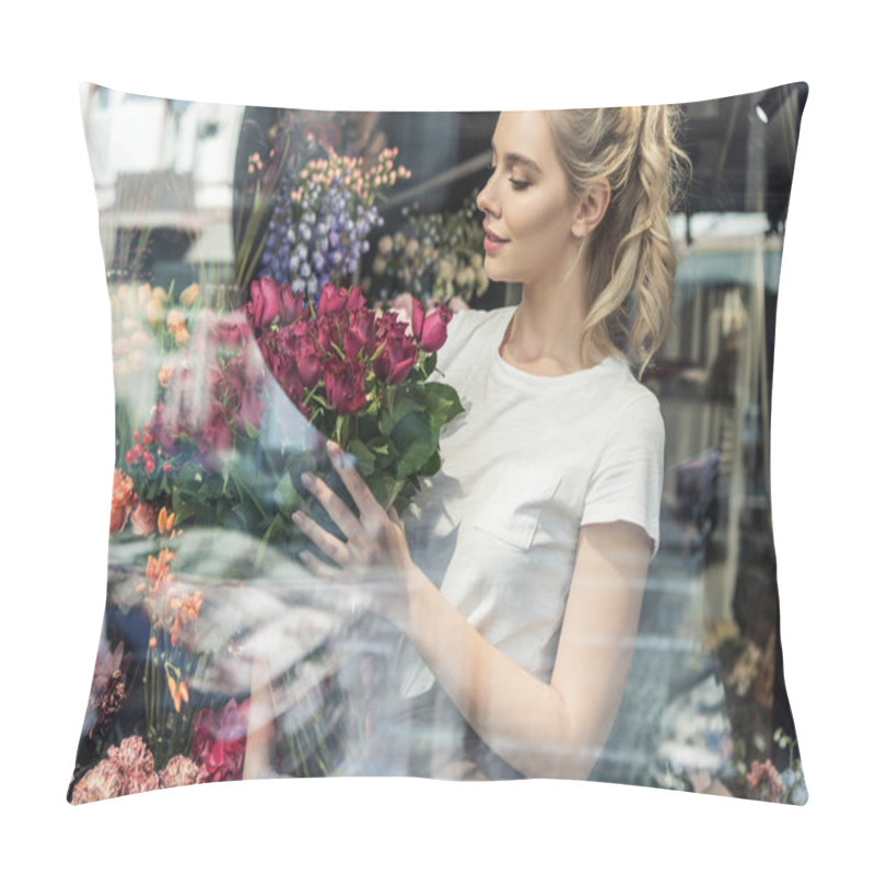 Personality  View Through Window Of Attractive Florist Holding Bouquet Of Burgundy Roses In Flower Shop Pillow Covers