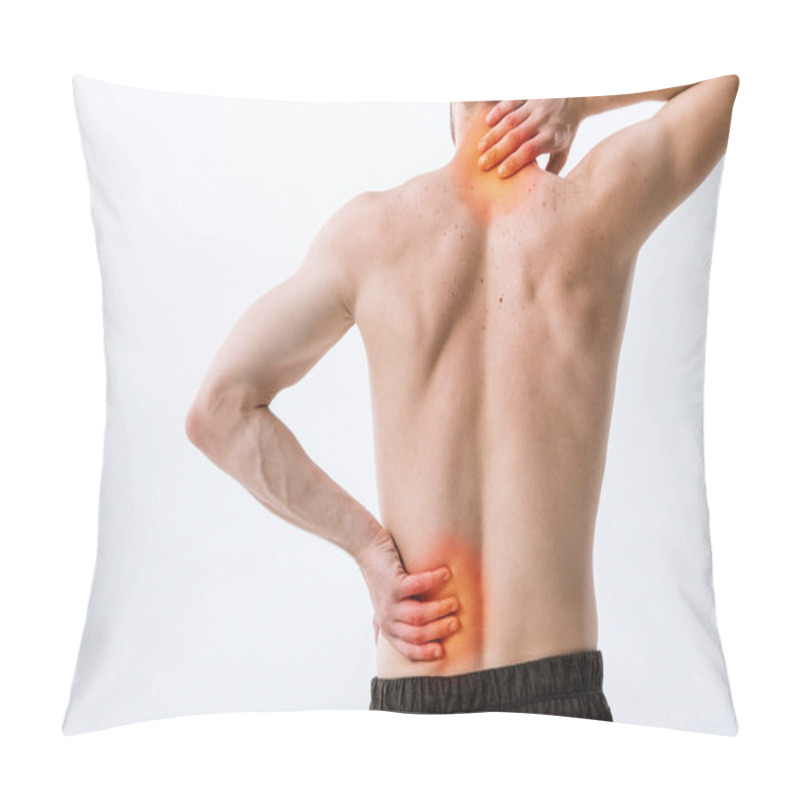 Personality  Partial View Of Shirtless Man With Neck Pain And Backache Isolated On Grey Pillow Covers