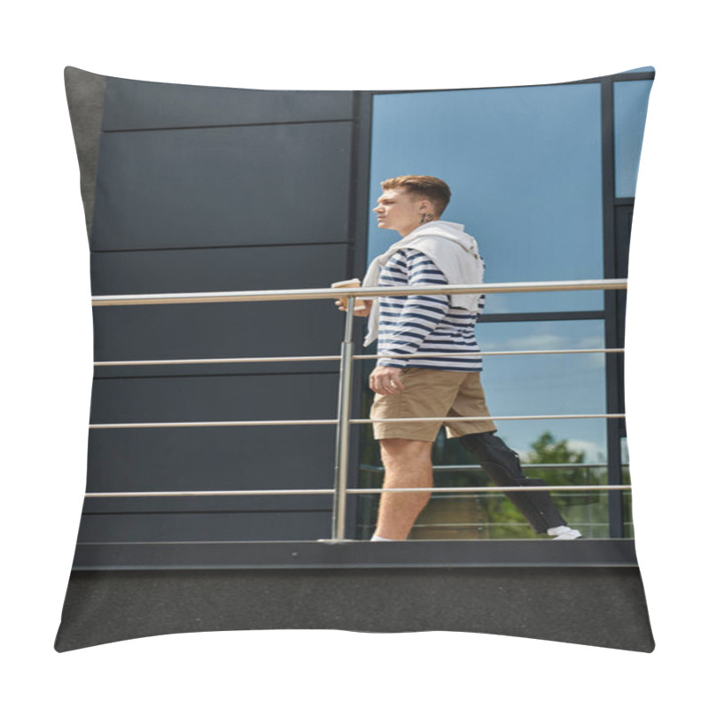 Personality  A Young Man With A Prosthetic Leg Strolls On A Balcony, Showcasing Strength And Style. Pillow Covers