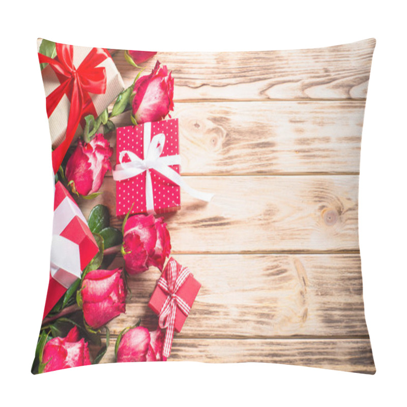 Personality  Holiday Background. Flower And Present On Wooden Table.  Pillow Covers