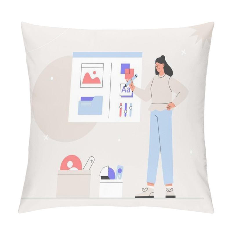 Personality  Woman Designing New Products Or Improving Existing Ones. Business Brainstorming, UI UX Design Concept Of Creating An Application. Flat Style Vector Illustration. Pillow Covers