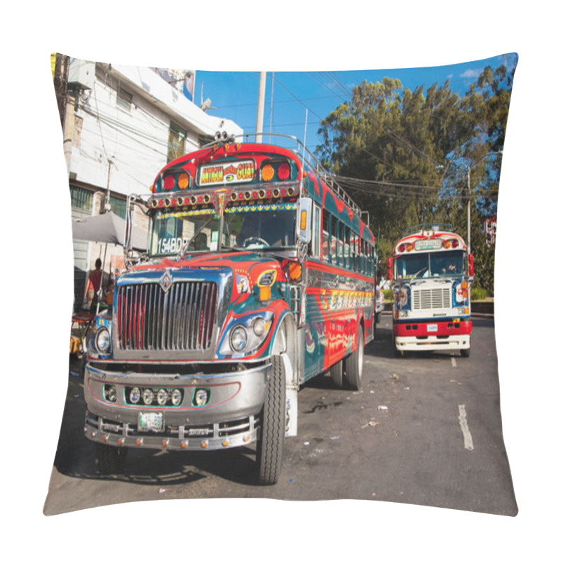 Personality  ANTIGUA,GUATEMALA -DEC 25,2015:Typical Guatemalan Chicken Bus In Antigua, Guatemala On Dec 25, 2015.Chicken Bus It's A Name For Colorful, Modified And Decorated Bus In Various Latin American Countries Pillow Covers