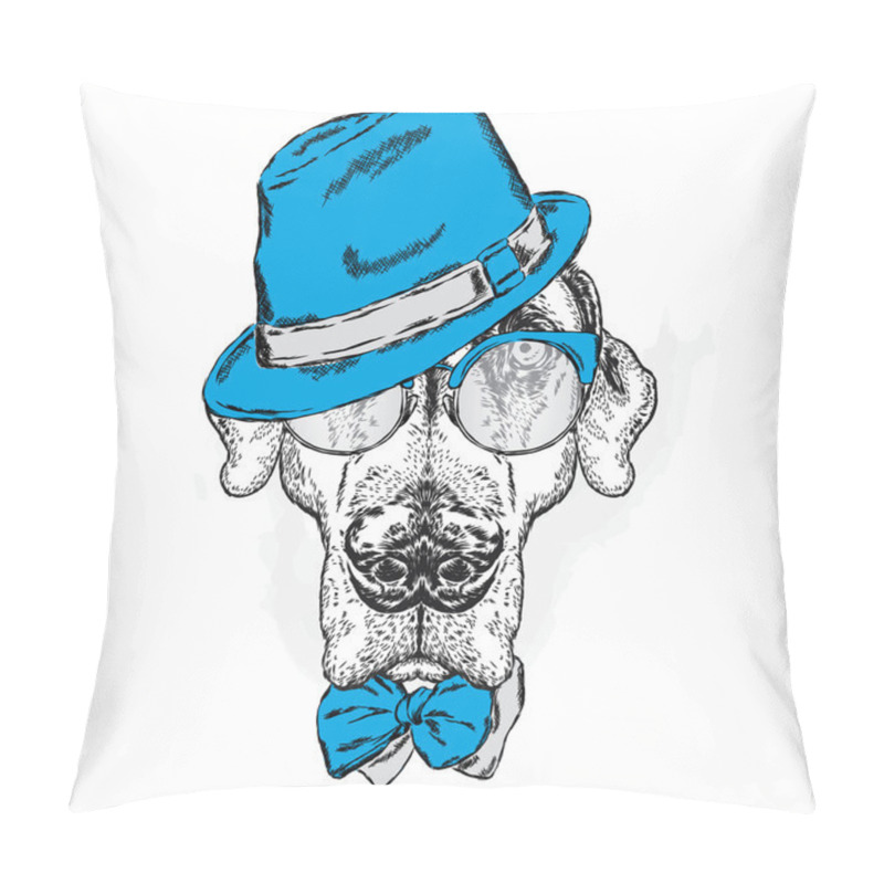 Personality  Pointer. Beautiful Dog In A Hat, Sunglasses And A Tie. Vector Illustration. Pillow Covers