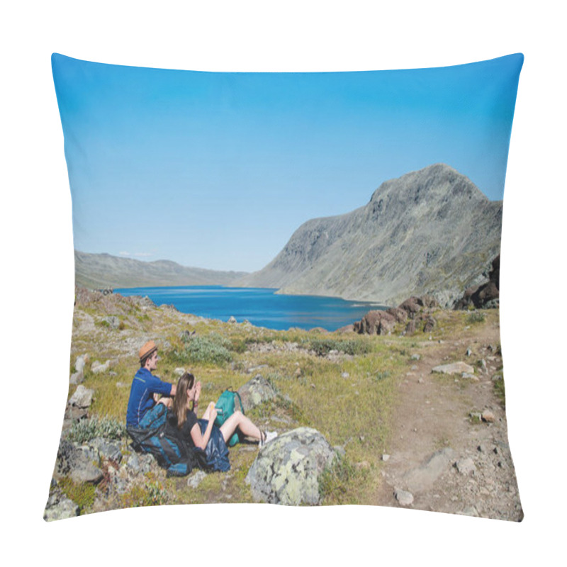 Personality  Two Hikers Resting On Besseggen Ridge Over Gjende Lake In Jotunheimen National Park, Norway Pillow Covers