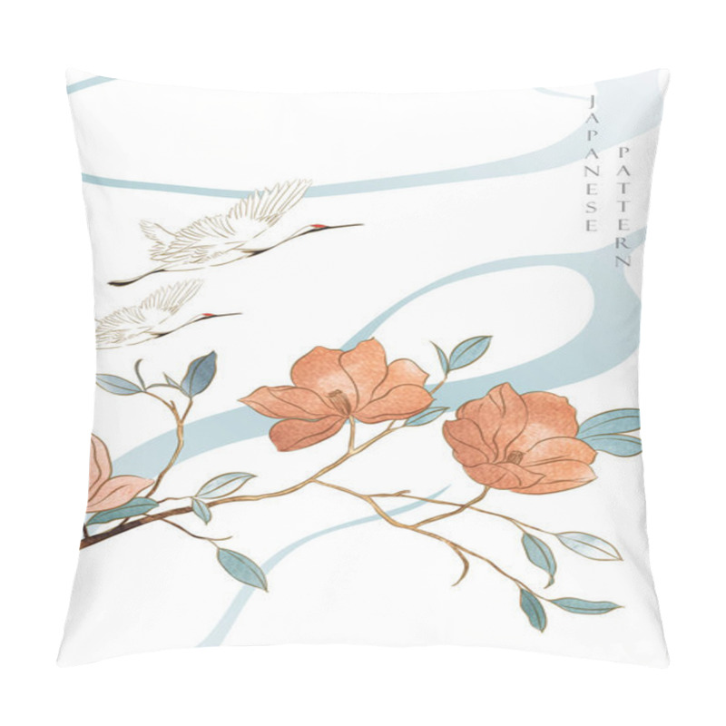 Personality  Art Natural Banner Design With Crane Birds Element. Japanese Background With Watercolor Texture Vector. Branch With Floral And Leaves Decoration In Vintage Style. Hand Drawn Natural Object. Pillow Covers