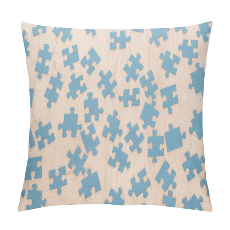 Personality  Top View Of Blue Puzzle Parts Scattered On Wooden Table Pillow Covers