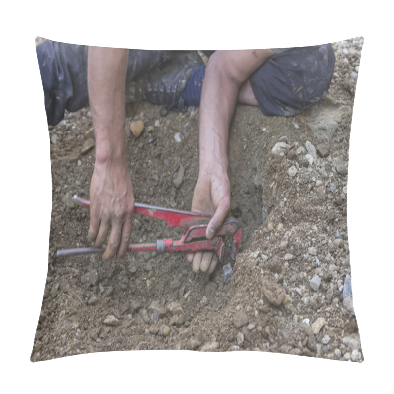 Personality  Plumber Hands Using Monkey Wrench And Turning A Valve Pillow Covers