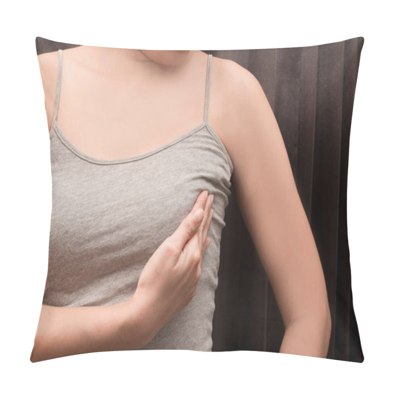 Personality  Woman Wearing A Gray Spaghetti Strap Checking Her Breast, Concept Of Breast Self-exam (BSE) Pillow Covers