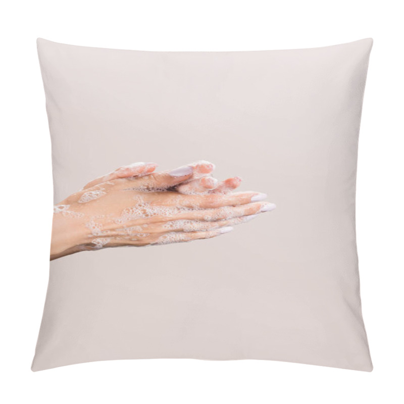 Personality  Cropped View Of Woman Washing Hands Isolated On Grey Pillow Covers