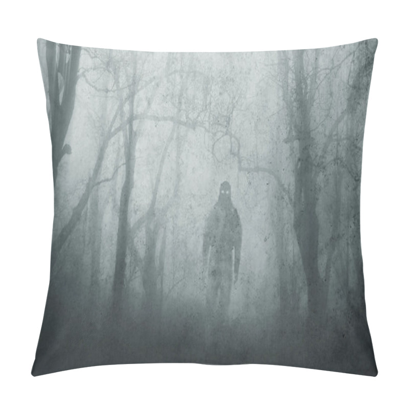 Personality  A Dark Scary Concept. Of A Mysterious Supernatural Figure, Walking Through A Forest. Silhouetted Against Trees. On A Foggy Winters Day. With A Grunge, Textured Edit.  Pillow Covers