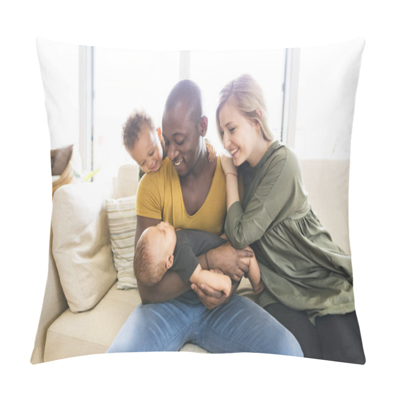 Personality  Young Interracial Family With Little Children At Home. Pillow Covers