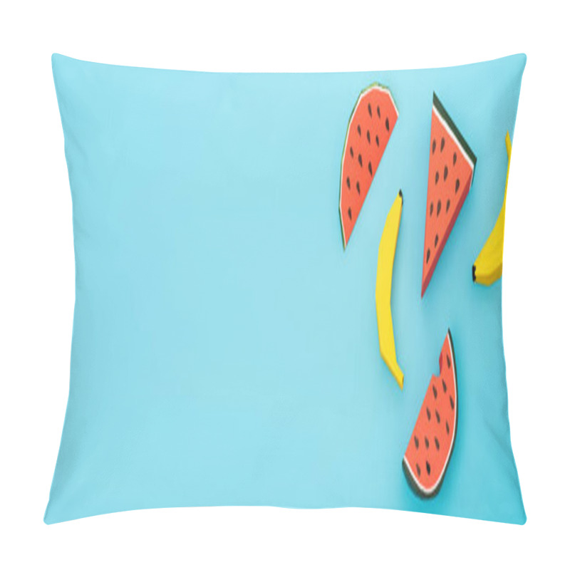 Personality  Top View Of Paper Watermelon And Bananas On Blue Background, Panoramic Shot Pillow Covers