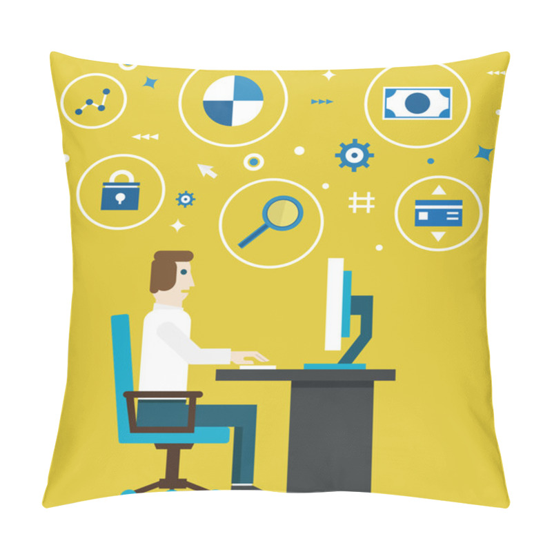 Personality  Vector Illustration Of E-marketing And E-commerce Process. Businessman Works In The Office. Flat Style Design  Pillow Covers