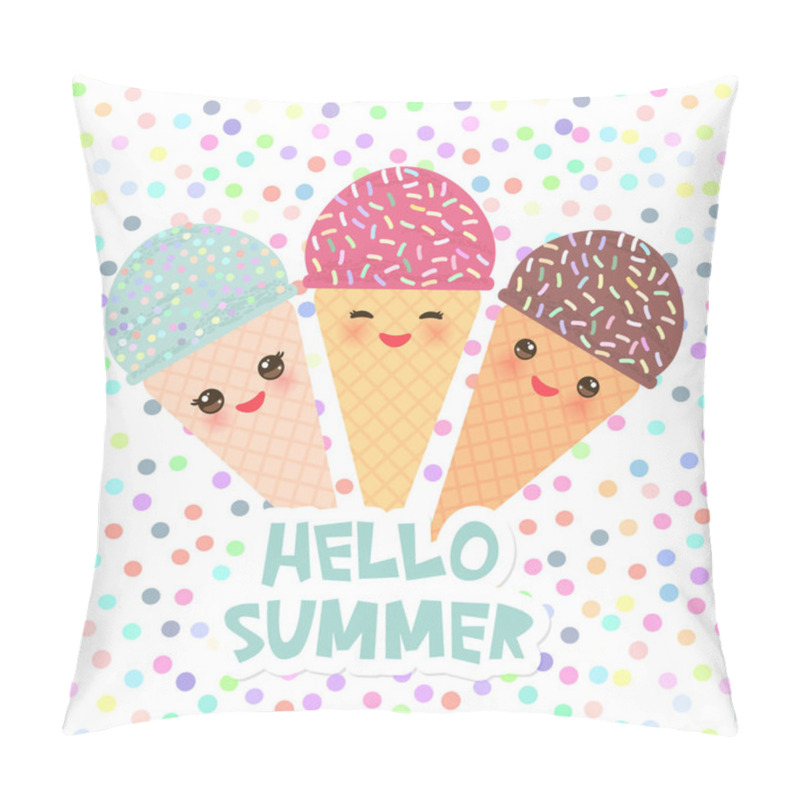 Personality  Hello Summer Ice Cream Waffle Cone Kawaii Funny Muzzle With Pink Cheeks And Winking Eyes, Pastel Colors On White Polka Dot Background. Vector Illustration Pillow Covers