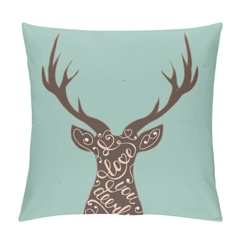 Personality  Card With Hand Drawn Typography Design Element And Deer For Greeting Cards, Posters And Print. I Love You Deerly On Blue Background Pillow Covers