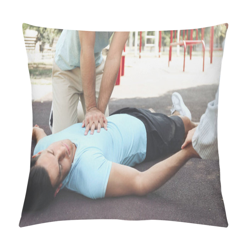 Personality  Passerby Performing CPR On Unconscious Man Outdoors. First Aid Pillow Covers