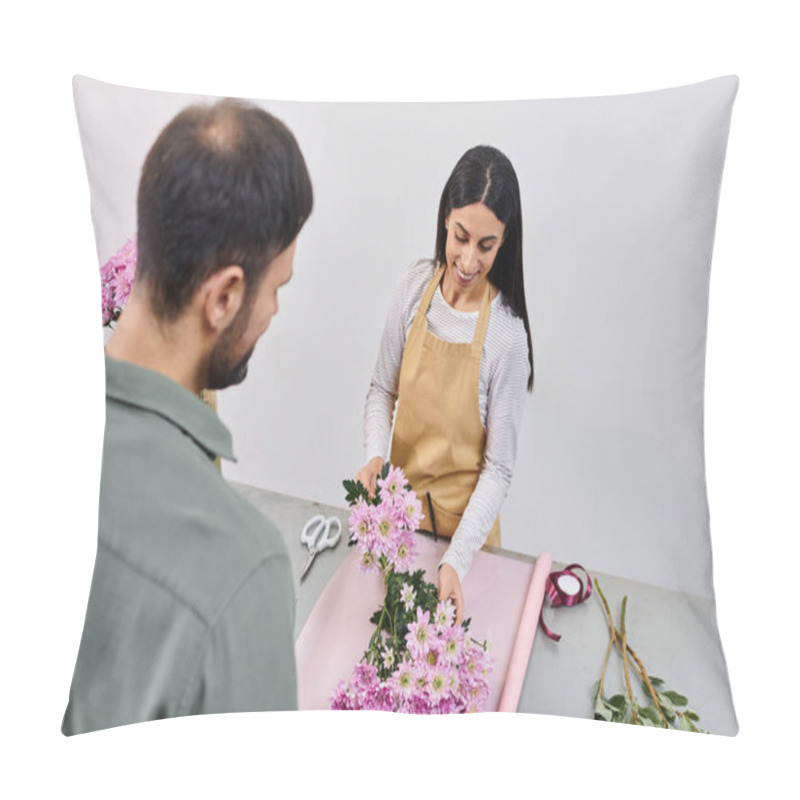 Personality  Floral Designer Engages With A Male Client To Provide Personalized Flower Arrangements. Pillow Covers