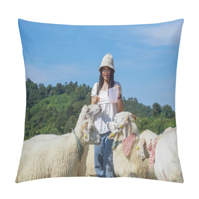 Personality  Young Asian Tourist Takes Photos While Feeding Cute Fluffy Sheep On The Mountain Grass Of A Sheep Farm.                               Pillow Covers