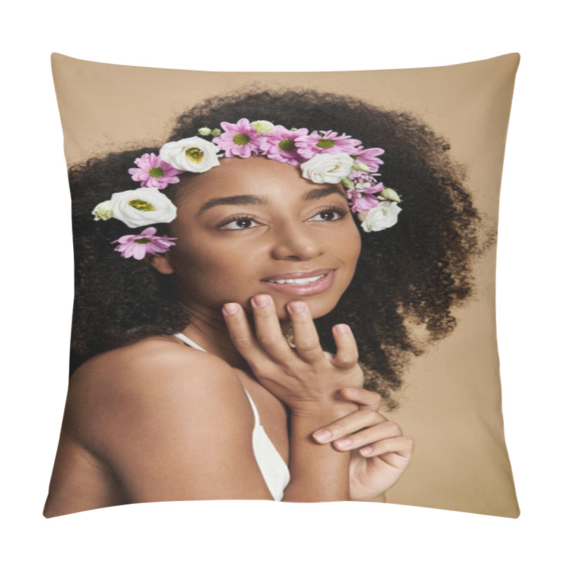 Personality  A Beautiful African American Woman With Natural Makeup And Flowers In Her Hair Poses Against A Beige Background. Pillow Covers