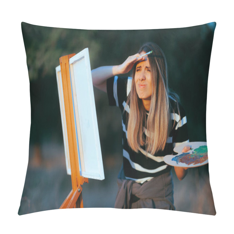 Personality  Woman Squinting Not Seeing Afar Trying To Paint Pillow Covers