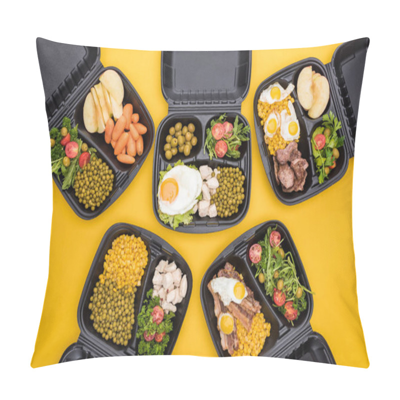 Personality  Top View Of Eco Packages With Apples, Vegetables, Meat, Fried Eggs And Salads Isolated On Yellow  Pillow Covers