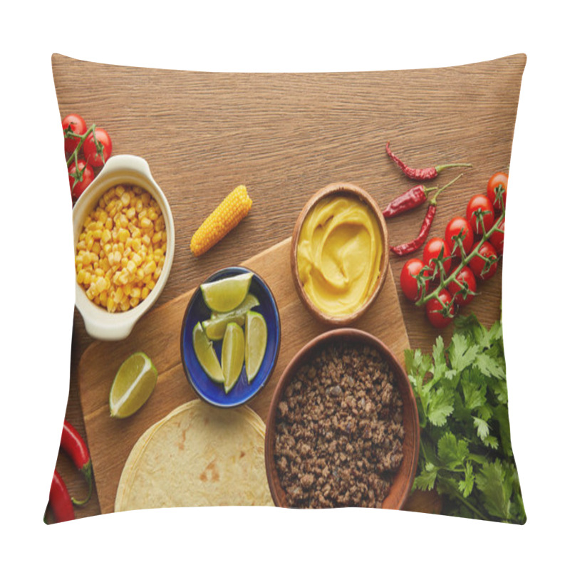 Personality  Top View Of Tortillas With Fresh Ingredients On Wooden Background Pillow Covers