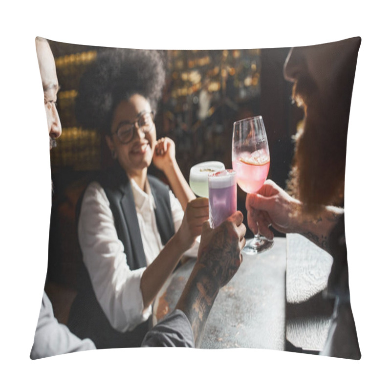 Personality  Smiling African American Woman Clinking Cocktail Glasses With Bearded Tattooed Colleagues In Bar Pillow Covers