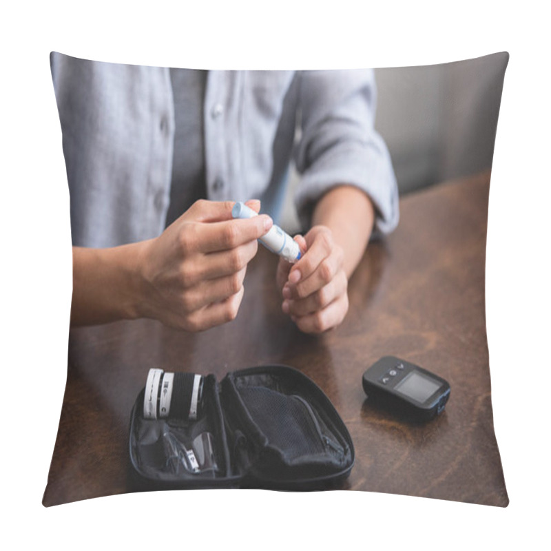 Personality  Cropped View Of Woman Holding Blood Lancet Near First Aid Kit  Pillow Covers